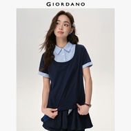 GIORDANO ผู้หญิง  เสื้อโปโล 2 ชิ้น ปลอม ลายสก๊อต ถัก เสื้อโปโล ครึ่งตัว แขนสั้น แฟชั่นลำลอง เสื้อโปโ