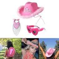 RUNNY Pink Cowboy Costume Set Western Wide Brims Cowgirl Hat Scarf Heart Shape Sunglasses Adult Cosp