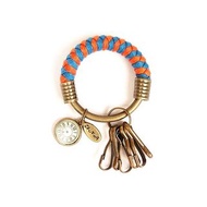 【UNA-優娜手作】鑰匙圈(小)5.3CM 亮藍＋橘＋羅馬數字寶石時鐘 手工 編織 腊繩 鐵環 客製化