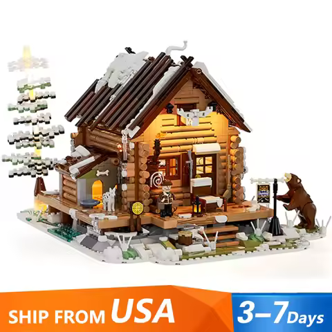 Hunting Lodge House Buildings Sets,City Forest Snow-Covered Lodge With LED Model Modular Buildings B