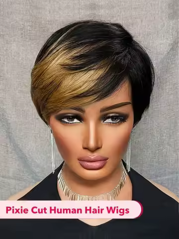 Short Pixie Cut Human Hair Wigs 6 Inch Straight F1B/27 Color Hair，Machine Made Affordable Price Wigs