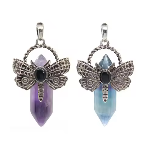 Crystal Hexagon Prism Dragonfly Stone Pendant For Women Necklace DIY Natural Amethyst Quartz Fluorit