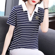 Của phụ nữ T-shirt ngắn sọc mùa hè mới thêu Polo Nữ lớn của T-Shirt