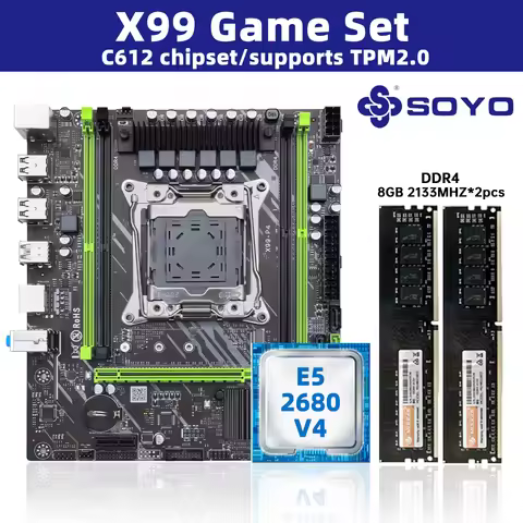 SOYO White X99 Motherboard Kit with E5-2680 V4 CPU and DDR 2133MHZ 8GB*2=8GB RAM LGA2011-3 C612 Chip