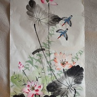 Meiqi Painting House 100cm 1 * 0.5m Flower Bird Freehand Lotus Kingfish Bird Egret Ink Pure Hand-Pai