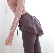 高品質(假兩件運動褲)2合1健身瑜伽褲速乾顯瘦九分網紗gym緊身褲運動褲 (3色)