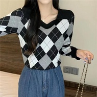 [TTEUDA] Atasan Kerah Wanita Rajut | Atasan Wanita Kerah Polo V Neck Ketupat Lengan Panjang | Sweate