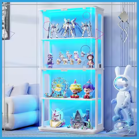 4-Tier Glass Display Cabinet with LED Lights & Motion Sensor, White Curio Case for Collectibles
