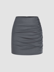 Cider Mid Rise Solid Ruched Mini Skirt