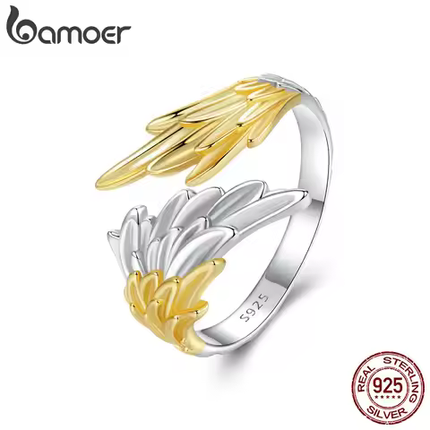BAMOER 925 Sterling Silver 14K Gold Plated Angel Wing Ring White Gold Plated Adjustable Ring for Wom