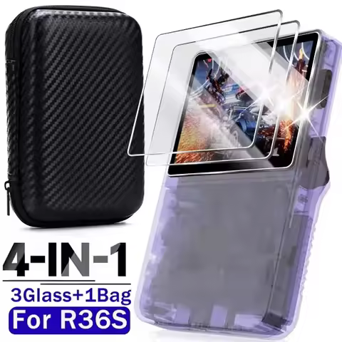 4 IN 1 Storage Case Game Console Travel Carrying Bag Screen Protectors Tempered Glass Film for R36S 