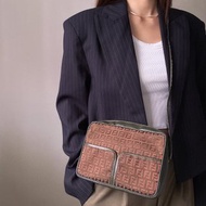 中古正品70年代Fendi芬迪FF logo老花斜背包側背包橄欖綠色真皮