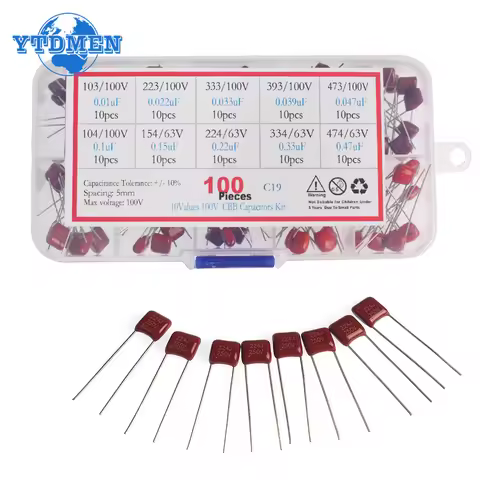 100pcs CBB Assortment Kit Capacitor 63V 100V 10nF~470nF Polypropylene Film Capacitor 10nF 22nF 33nF 