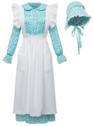 FORTMAC Pioneer Dress Women-Prairie Dress Women 1800s Amish Colonial Dress Women Bonnet Apron