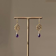 菱形連結墜飾與寶石級紫水晶耳環 (醫療級不鏽鋼14K包金)