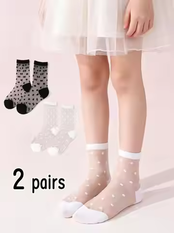 2Pairs Girl Polka Dot Crystal Socks 1-9Y Summer Ultra-Thin Breathable Nylon Spandex Kids Ankle Socks