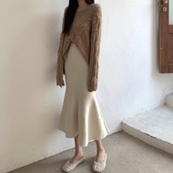 Knitted Large V-Neck Fishtail High-Waisted Skirt 3+Pullover Mid-Length Hip Sweater Control Lazy Style 1PN