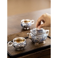 Zheng Liqing Silver Mountain Club 999 Silver High-End Kung Fu Tea Set Gilt Blue White Chinese Style 