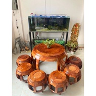 Clear rosewood table set, round table size 76, height 63, cover 92, height 35, sides 28 cm.
