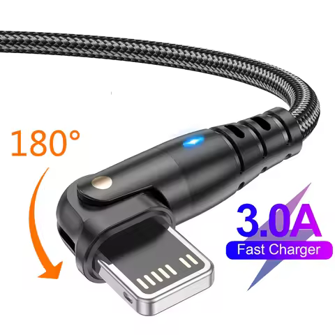 3A 180 Degree USB Fast Charging Cable for iPhone 14 13 12 11 Pro Max Xs Xr X 8 plus iPad Air Mini Da