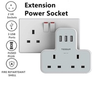 TESSAN 2 Way Extension Plug Adaptor UK with 3 USB, Plug Extension Multi Socket Wall Charger Adapter, 13A UK 3 Pin Power Socket for Home, Office, Kitchen, PC