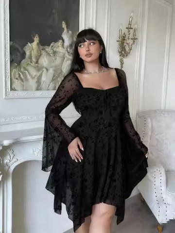 Plus Size Women's Y2K Fleece-Like Jacquard Stretch Drawstring Bell-Sleeve Ruffled Dress – Elegant an