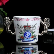 英國製Royal Albert Paragon女王1972細緻骨瓷白金雙耳咖啡馬克杯