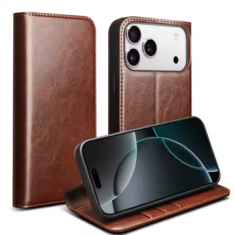 QIALINO Genuine Leather Flip Case for iPhone 17 Bracket Handmade Business Cover with Card Slots for