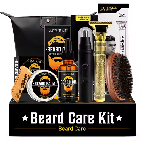 Beard Grooming Kit For Men With Vintage T9 Beard Shaver Nose Trimmer Sandalwood Beard Oil Balm Brush