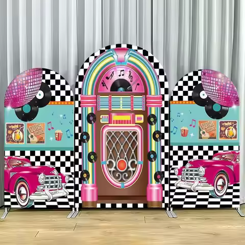 Elastic Double-layer Arch Backdrop Cover Retro Jukebox Party Backdrop with Pink Car and Disco Ball D