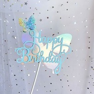 漸變蝴蝶 藍色Happy Birthday蛋糕插牌