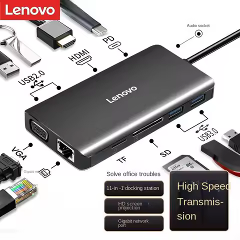 Lenovo 11 em 1 Type-C Docking Station HD Hub USB Splitter USB-C to HDMI4K Screen HD Expansion PD Fas