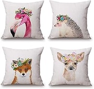 Cushion Cover, 65x65cm Set of 4, Cute Animals and Garlands Soft Velvet Throw Pillow Cases 26x26in, Square Sofa Cushion Cover with Invisible Zipper for Couch Bed Car Bedroom Home Decor