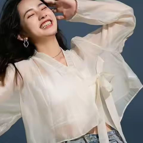 Hanfu Style Modal Ice Silk Shawl V-Neck Long Sleeve Sun Protection Cardigan Translucent Sheer Chiffo