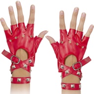 Fingerless Faux Leather Gloves - Red Biker Punk Gloves with Belt Up Closure and Rivet Design for Wom