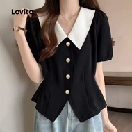 Lovito Casual Blouse Button Spring/summer Black Blouse for Women L170LD070 Lovito Blaus Kasual Butan