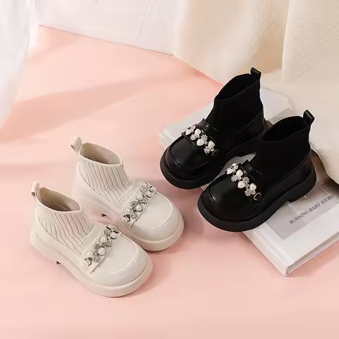 Princess Girls Boots 2026 Platform Boots Child Autumn Winter Shoes Kids Low Heels Black Beige Sock P