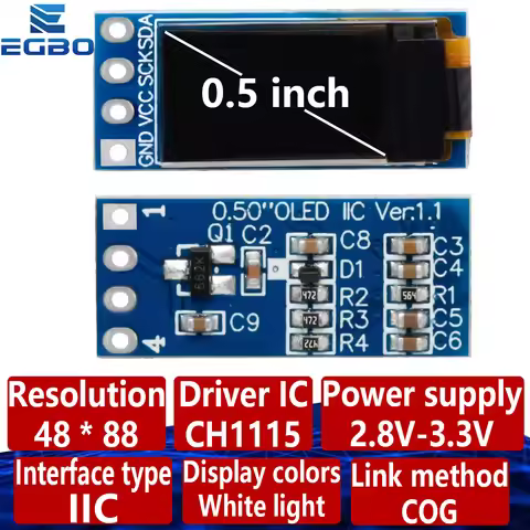 1~10PCS CH1115 0.5 Inch Monochrome OLED Module: 48×88 Pixels I2C Display – Portrait Orientation & Co