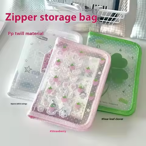 【W】Cute Clover Strawberry Wings Stationery Storage Folder A6 Twill Zipper Pouch Document Bag Zip Fil