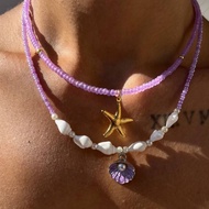 Sweater accessory necklace ins style shell alloy necklace purple beaded layered necklace Rantai lehe