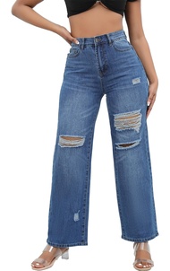 Ripped Wide Leg Jeans for Women Mom Baggy Straight Leg Stretchy Boyfriend Trendy Trouser Denim Pants