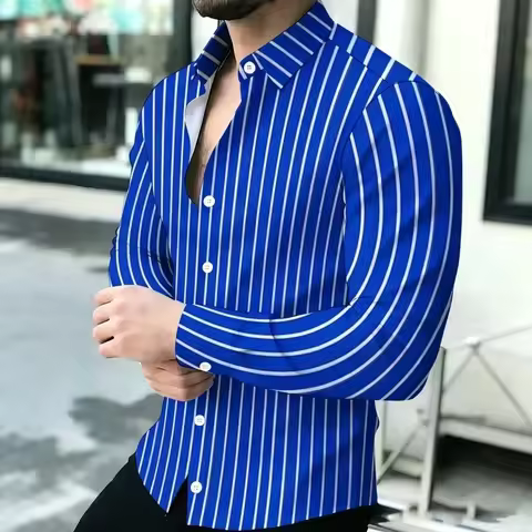 Hot Selling Light Luxury Men's Shirt Striped Shirt Blue and White Vertical Striped Shirt Casual Outd