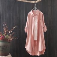 Cotton Linen Blouse Women Mid-Length Baju Kemeja Perempuan LongSleeve Shirt