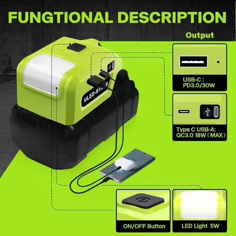 Battery Adapter For Ryobi 40V 36V Lithium Battery Power Bank Connector Charger With Work Light P4040
