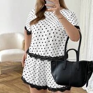 2pcs/Set Plus Size Women Patchwork Wavy Tape Back To School Outfits Women Trim Short Sleeve Top And 