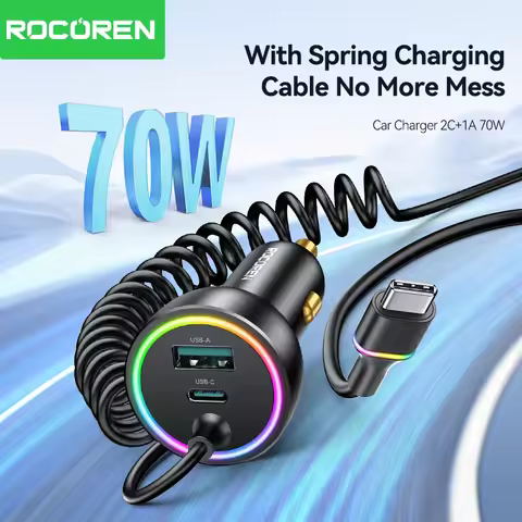 Rocoren 70W USB Type C Car Charger With Spring Cable Fast Charging Type-C USBC Car Quick Charger Ada