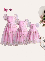 浪漫仙女公主法式花繡網紗泡泡裙(姊妹裝, 配對服裝-三件出售)適用於女孩和青少年