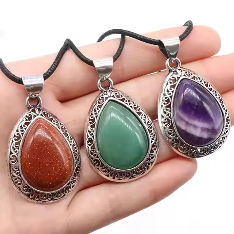 2pcs/Set 39x27mm Natural Stone Crystal Water Drops Pendant Alloy Electroplate Tiger Eye Amethyst Qua