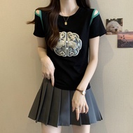 Ladies off shoulder T-shirt 2026 summer new embroidered slimming fashion loose casual hollow splicin