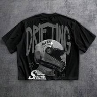 Boxy Cropped Loose Distressed F1 Racer Start Star Print Short Sleeve T-Shirt, Street Style Clothing,
